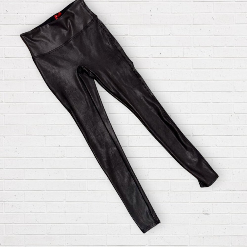 SPANX 24803 Faux Leather Tummy Control Black Leggings 2437 Size L